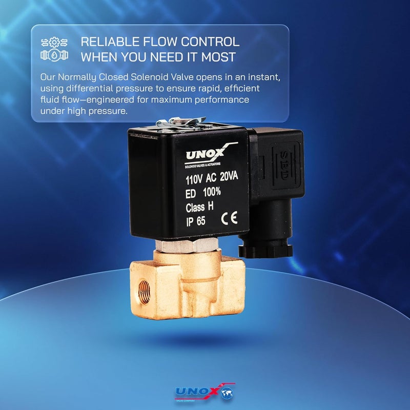 UNOX 1/8" NPT Solenoid Valve 110V AC, Brass Control Valve Normally Closed - 0-232 PSI Multi-Purpose Reliable Control Valve for Water, Air, and Gas - Solenoid Valves - Image 2